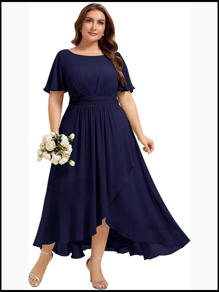 Chiffon Plus Size High-Low Asymmetrical Formal Bridesmaid Dress Short Sleeves